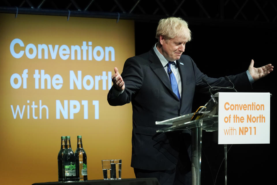 ROTHERHAM, ENGLAND - SEPTEMBER 13: Prime Minister Boris Johnson makes a speech at the Convention of the North at the Magna Centre on September 13, 2019 in Rotherham, England. The Convention brings together the North's political, business, community and academic leaders, along with young people’s groups, to make a unified case for tangible investment in the Northern Powerhouse.  (Photo by Christopher Furlong - WPA Pool /Getty Images)