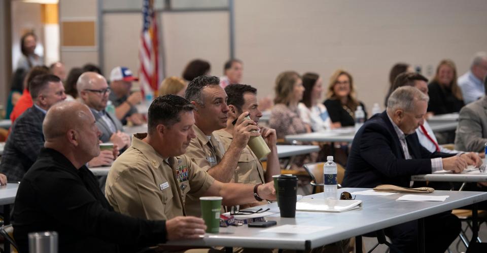 Military and civilian leaders from Escambia and Santa Rosa Counties gather at the Santa Rosa County Auditorium to participate in the Bi-County Military Mission Forum on Wednesday, May 1, 2024.
