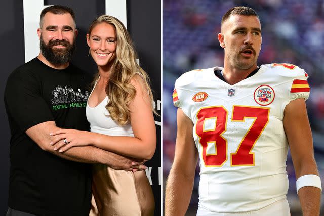 <p> Lisa Lake/Getty for Prime Video; Kevin Sabitus/Getty </p> Jason Kelce and Kylie Kelce; Travis Kelce