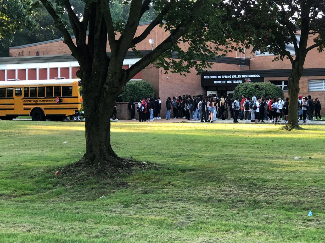 Spring Valley High School students gather around 7:40 a.m. just before the first bell Thursday, Sept. 7, 2023.