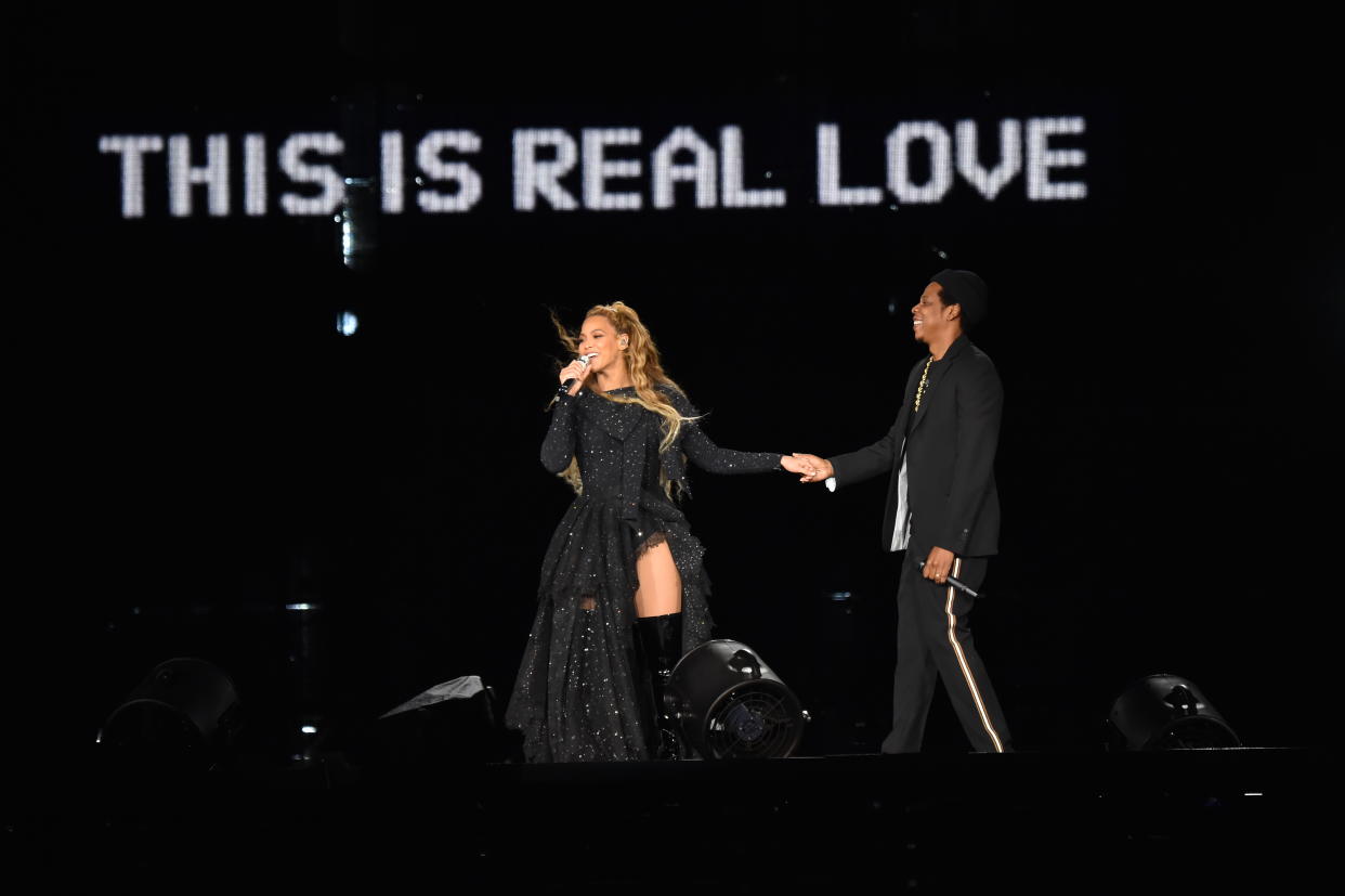 Beyonc<span>é</span> and Jay-Z hold hands ending their performance onstage during the “On the Run II Tour” at Hampden Park on June 9, 2018, in Glasgow, Scotland. (Photo: Kevin Mazur/Getty Images for Parkwood Entertainment)