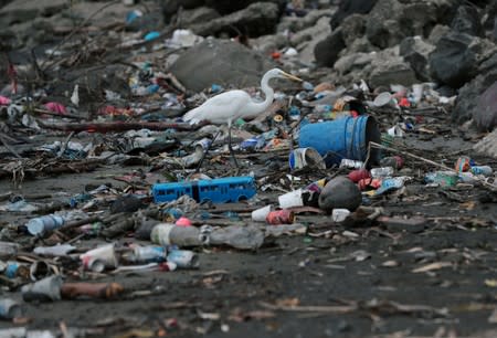 Plastic waste pile and debris are seen up near the beach in Panama City