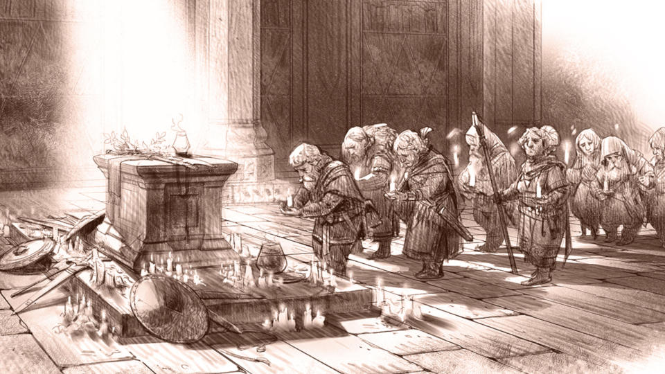 Multiple dwarves mourn at the tomb of Balin