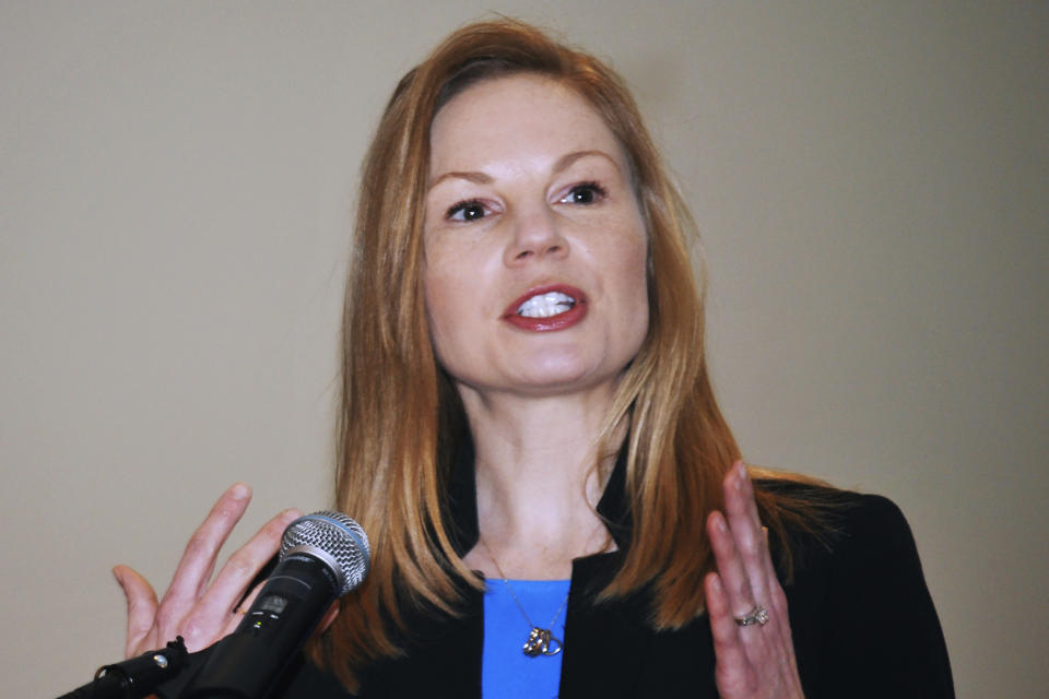 FILE - In this Jan. 14, 2019 file photo, Democratic state Auditor Nicole Galloway speaks in Jefferson City, Mo. Abortion is expected to play a key role in Missouri's 2020 gubernatorial race. Republican Gov. Mike Parson is seeking to keep his seat. Galloway wants to replace him. Parson has a big advantage over Galloway in the Republican-dominated state. (Julie Smith/The Jefferson City News-Tribune via AP, File)