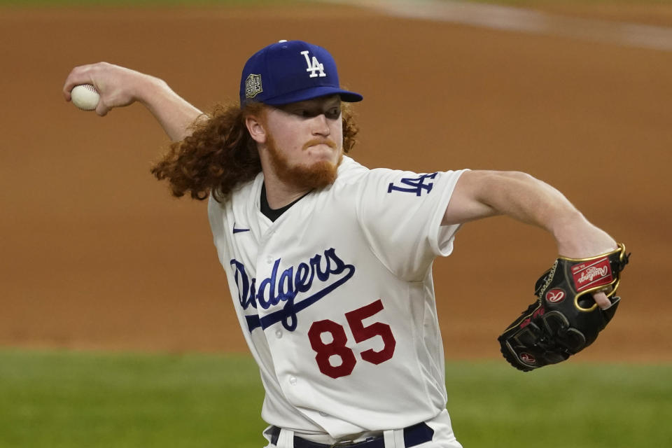 Los Angeles Dodgers pitcher Dustin May throws =ax during the fourth inning in Game 2 of the baseball World Series Wednesday, Oct. 21, 2020, in Arlington, Texas. (AP Photo/Tony Gutierrez)