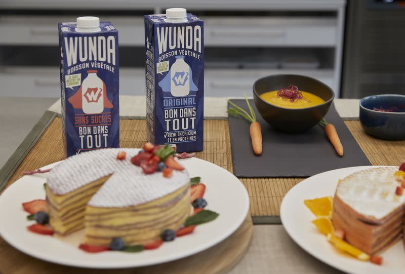 Bottles of Nestle new product, a milk alternative made from yellow peas called "Wunda", are pictured in Lausanne