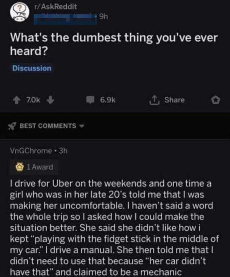 Reddit post titled "What's the dumbest thing you've ever heard" with comments sharing personal stories