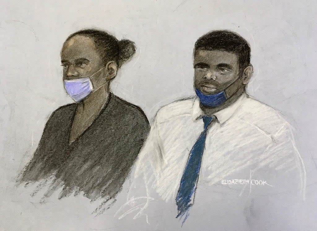 Court artist sketch by Elizabeth Cook of Phylesia Shirley and Kemar Brown appearing at the Old Bailey in London charged with murder and causing or allowing the death of a child (PA Wire)