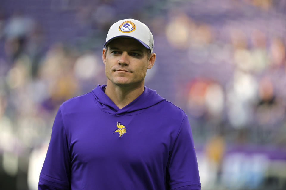 Minnesota Vikings coach Kevin O'Connell watches warmups for the team's preseason NFL football game against the Tennessee Titans, Saturday, Aug. 19, 2023, in Minneapolis. (AP Photo/Bruce Kluckhohn)