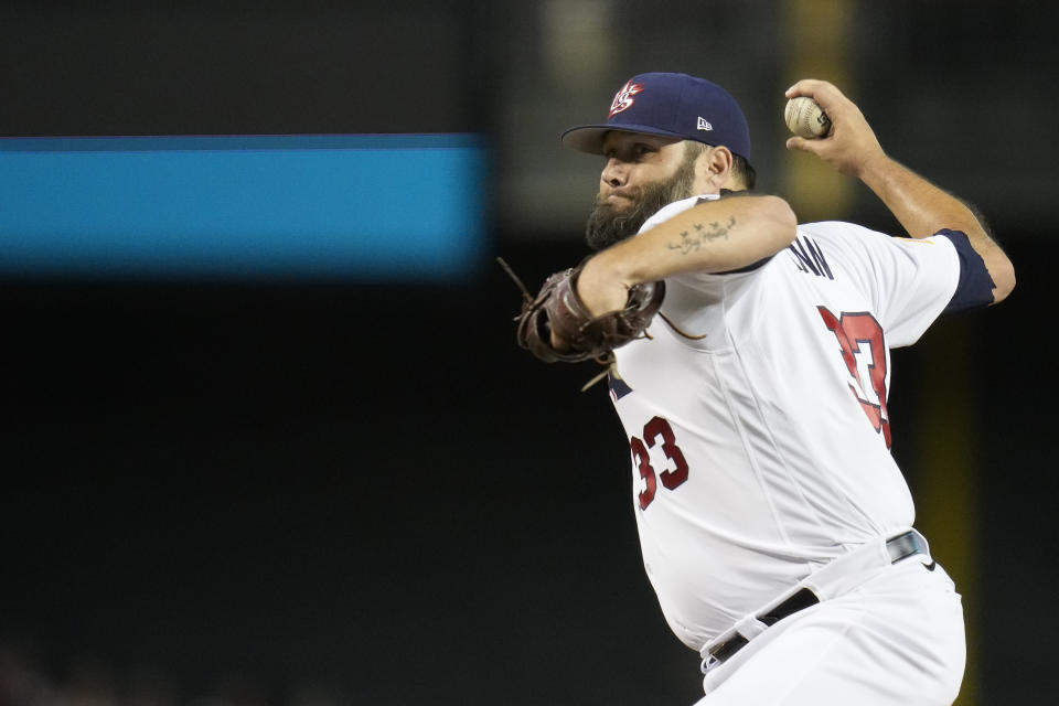 United States pitcher Lance Lynn throws against Canada during the first inning of a World Baseball Classic game in Phoenix, Monday, March 13, 2023. (AP Photo/Godofredo A. Vásquez)