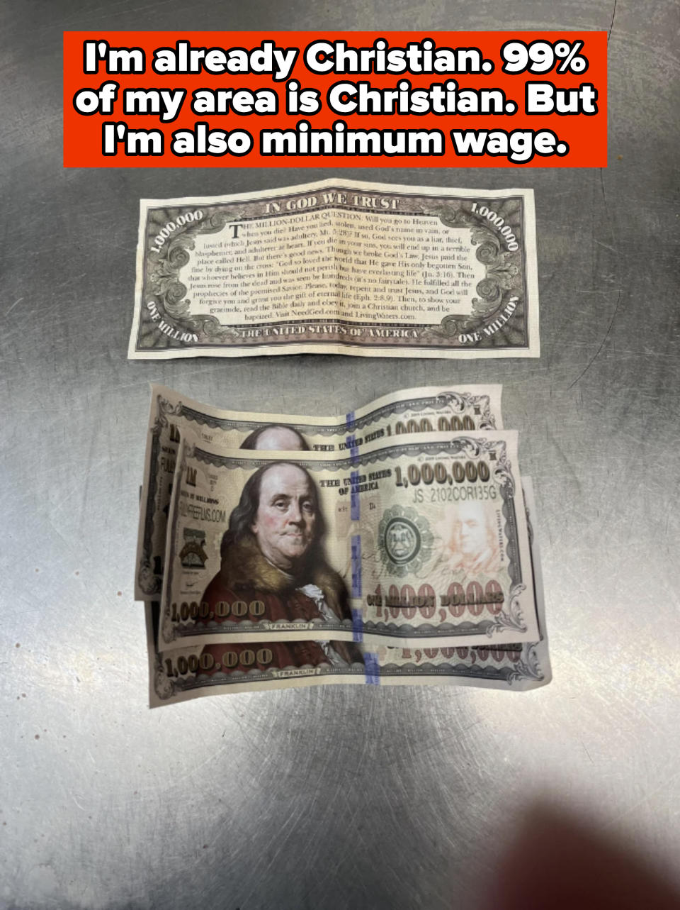 A novelty one million dollar bill featuring Benjamin Franklin beneath a standard one dollar bill
