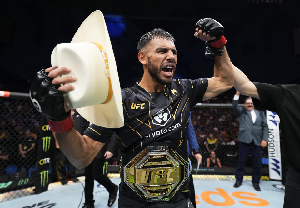 PERTH, AUSTRALIA - FEBRUARY 12: Yair Rodriguez of Mexico reacts after his submission victory over Josh Emmett in the UFC interim featherweight championship fight during the UFC 284 event at RAC Arena on February 12, 2023 in Perth, Australia. (Photo by Chris Unger/Zuffa LLC via Getty Images)