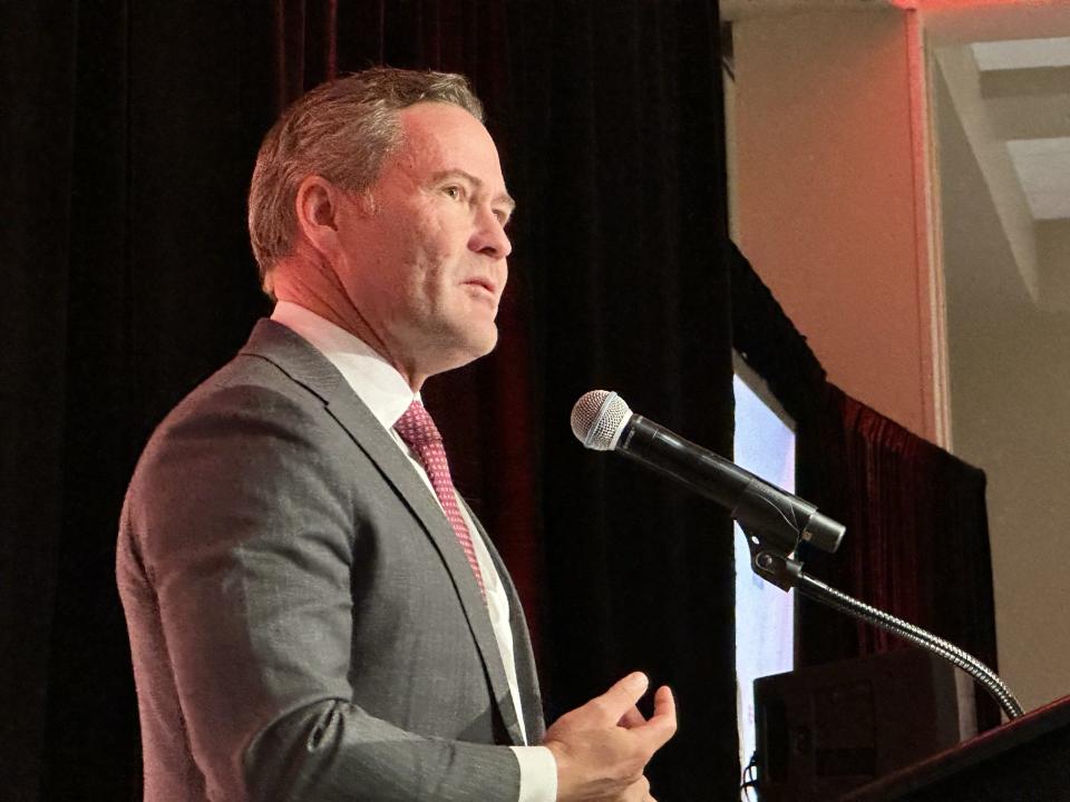 Congressman Michael Waltz recounts his presentation with Gold Star families of fallen U.S. service members during the withdrawal from Afghanistan in 2021. Waltz spoke at the Ocean Center in Daytona Beach on Sunday, July 21, 2024.