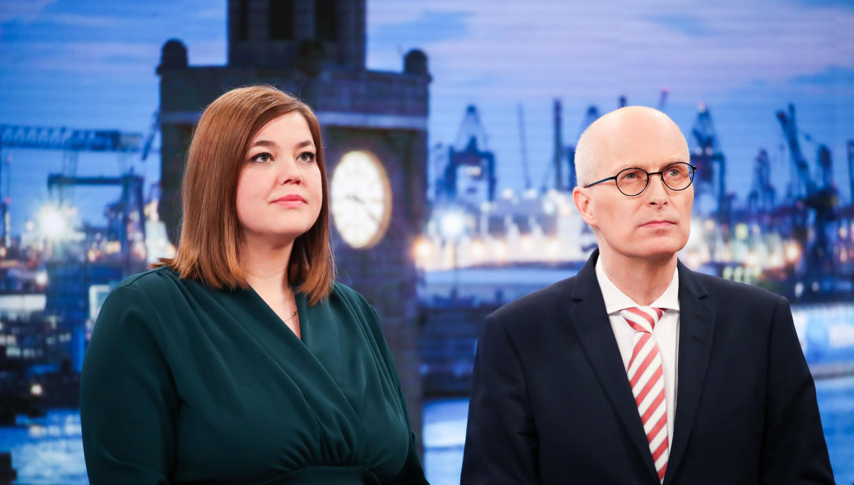 23 February 2020, Hamburg: The Green Party's top candidate Katharina Fegebank and the SPD's top candidate and First Mayor Peter Tschentscher stand side by side during a TV round. Around 1.32 million people were called upon to elect a new citizenship. Photo: Christian Charisius/dpa (Photo by Christian Charisius/picture alliance via Getty Images)