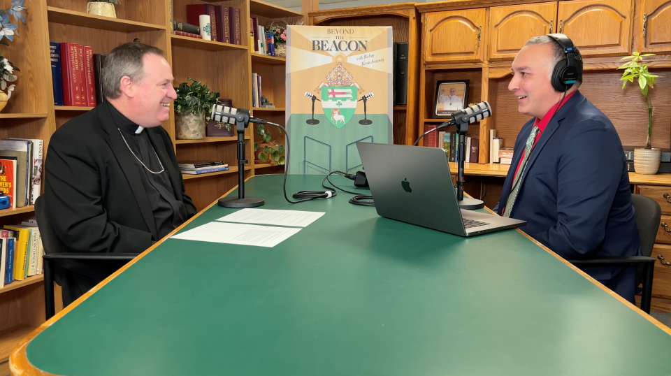 Bishop Sweeney and Jai Agnish during a podcast