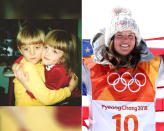 <p><strong>THEN:</strong> Arielle Gold hugs her little brother Taylor.<br><strong>NOW: </strong>She won a bronze medal in the women’s snowboard halfpipe at the 2018 Winter Olympics.<br> (Photo via Instagram/arielletgold, Photo by Cameron Spencer/Getty Images) </p>