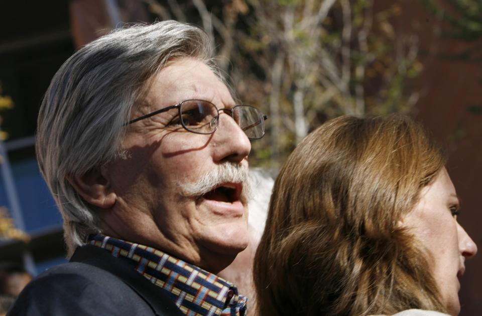 FILE - In this Dec. 5, 2008, file photo, Fred Goldman, father of Ron Goldman, who was murdered in 1994, speaks to reporters after O.J. Simpson's sentencing hearing outside the Clark County Regional Justice Center in Las Vegas. Fred Goldman has relentlessly pursued O.J. Simpson through civil courts, maintaining it is the only way to achieve justice for his son. Goldman's family has seized some of Simpson's memorabilia, including his 1968 Heisman Trophy as college football’s best player that year. (Isaac Brekken/Pool Photo via AP, File)