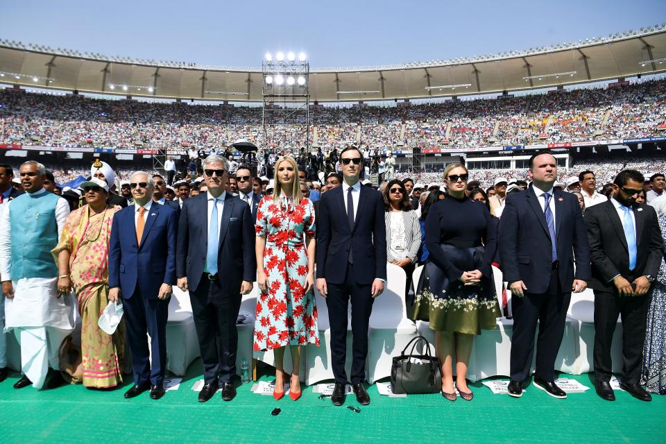 White House senior advisors Ivanka Trump and Jared Kushner (C) attend 'Namaste Trump' rally at Sardar Patel Stadium in Motera, on the outskirts of Ahmedabad, on February 24, 2020. (Photo by Mandel NGAN / AFP) (Photo by MANDEL NGAN/AFP via Getty Images)