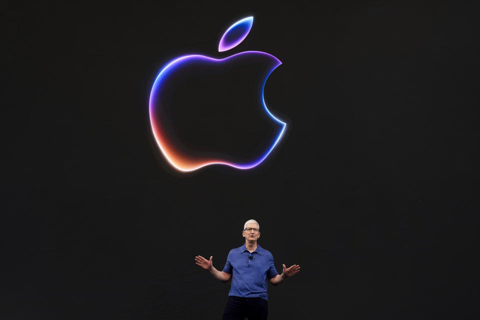 Apple CEO Tim Cook speaks during an announcement of new products on the Apple campus in Cupertino, Calif., Monday, June 10, 2024. (AP Photo/Jeff Chiu)