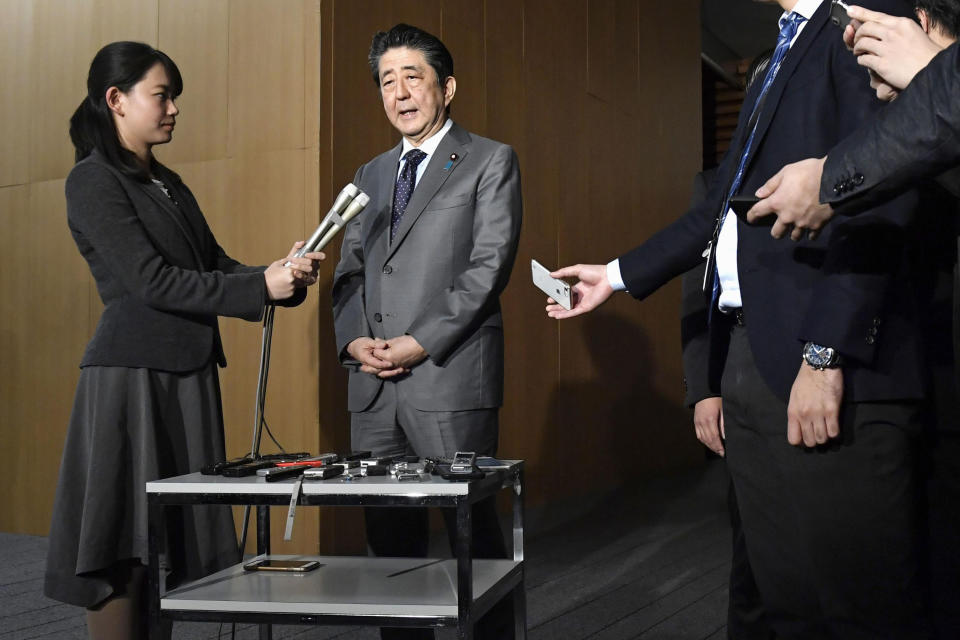 Japan’s Prime Minister Shinzo Abe speaks to reporters at his prime minister's official residence in Tokyo, Feb. 21, 2020. Prime Minister Shinzo Abe should be basking in the limelight this year in the run-up to the 2020 Tokyo Olympics. Instead, the virus outbreak that has spread from China to even remote parts of Japan has Abe and his ruling Liberal Democratic Party playing defense. (Yoshitaka Sugawara/Kyodo News via AP)