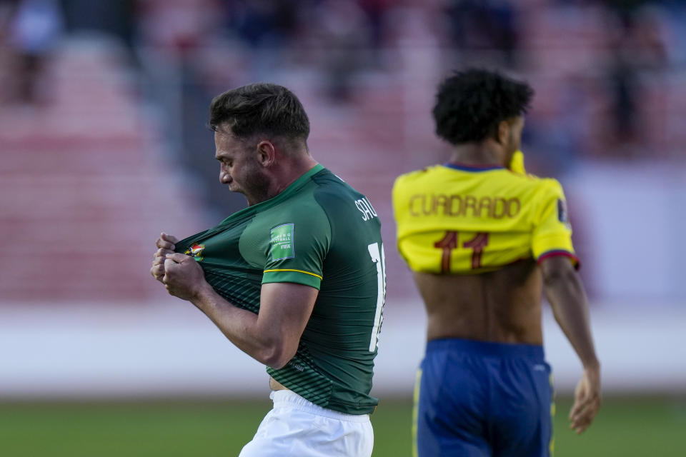 Bolivia's Fernando Saucedo celebrates scoring his side's opening goal against Colombia during a qualifying soccer match for the FIFA World Cup Qatar 2022 in La Paz, Bolivia, Thursday, Sept. 2, 2021. (Juan Karita/Pool via AP)