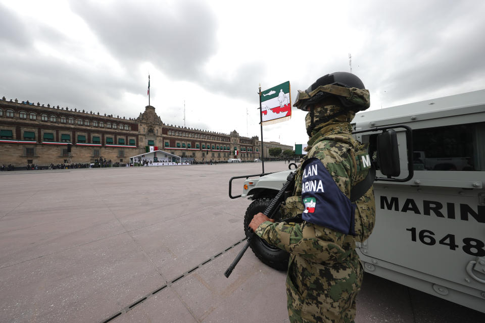 VARIOUS CITIES, MEXICO - SEPTEMBER 16: Mexican soilders pose during the Independence Day military parade at Zocalo Square on September 16, 2020 in Various Cities, Mexico. This year El Zocalo remains closed for general public due to coronavirus restrictions. Every September 16 Mexico celebrates the beginning of the revolution uprising of 1810. (Photo by Hector Vivas/Getty Images)