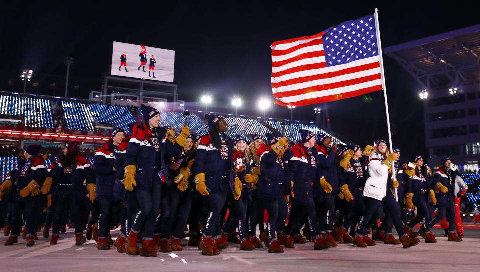 Team USA enters the stadium during opening ceremonies on Friday. (Photo: Kai Pfaffenbach / Reuters)