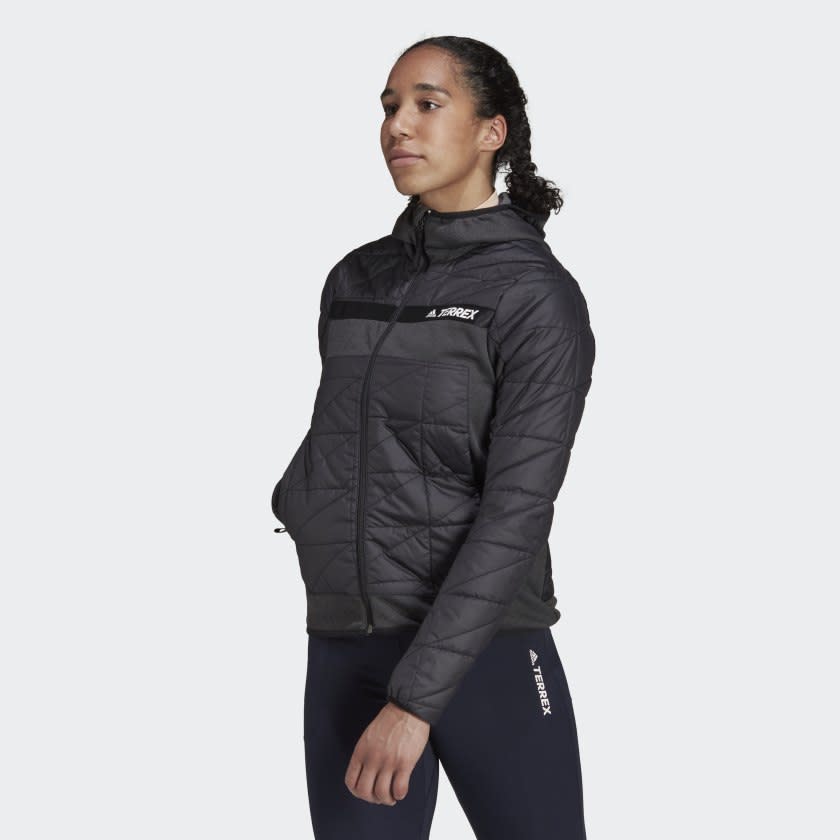 Model wears Terrex Multi Primegreen Hybrid Insulated Jacket in black