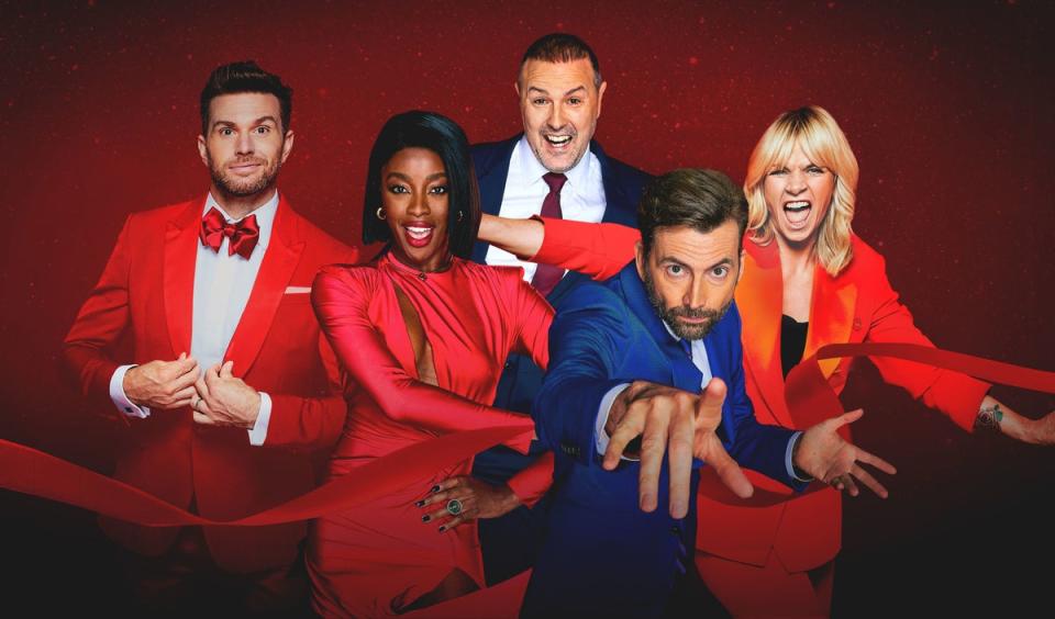 AJ Odudu pictured with her fellow Red Nose Fay presenters Paddy McGuinness, David Tennant, Zoë Ball (PA)