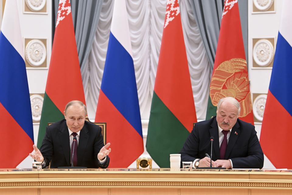 Russian President Vladimir Putin and Belarusian President Alexander Lukashenko attend the talks in Minsk, Belarus, Monday, Dec. 19, 2022. (Pavel Bednyakov, Sputnik, Kremlin Pool Photo via AP)