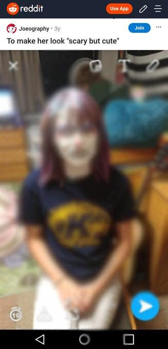 This picture of a woman wearing a Kent State t-shirt appeared on the "joeography" reddit account. Two students at Kent State filed police reports about Tokosh in connection to his asks about face painting. USA TODAY blurred the photo to protect the woman's identity.