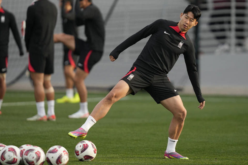 South Korea's Son Heung-min takes part in a training session of the national team in Doha, Qatar, Monday, Feb. 5, 2024. South Korea will play against Jordan for the semi final of the Asian Cup on Tuesday. (AP Photo/Thanassis Stavrakis)