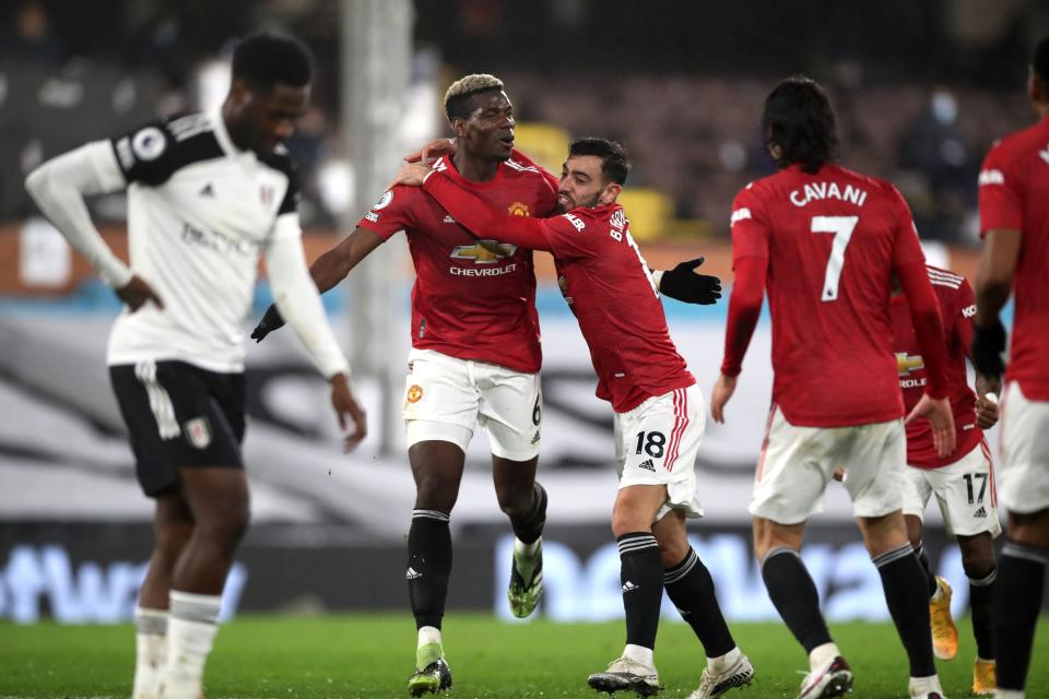 Paul Pogba celebrates after scoring Manchester United’s winner (PA)