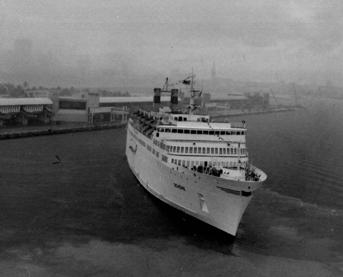 The 11,000 ton, 500-passenger cruise ship M/S Boheme returns to home base at the Port of Miami in 1970, ready for weekly sailings to the Bahamas, the Virgin Islands and Puerto Rico.