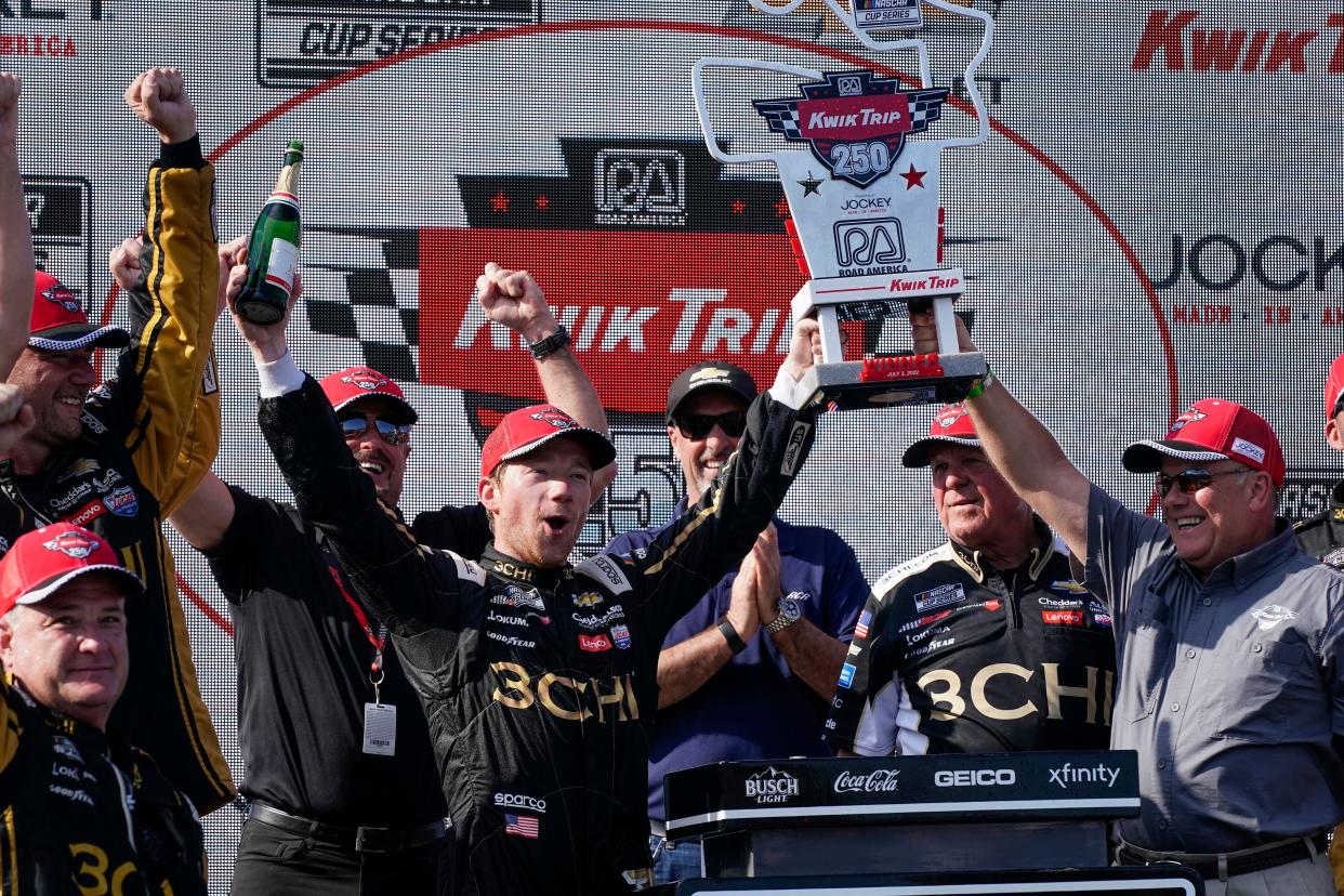 Tyler Reddick celebrates after winning the Kwik Trip 250 after a NASCAR Cup Series auto race earlier this month at Road America in Elkhart Lake, Wisc. Reddick will race in Friday's Granite State Pro Stocks event at Lee USA Speedway.