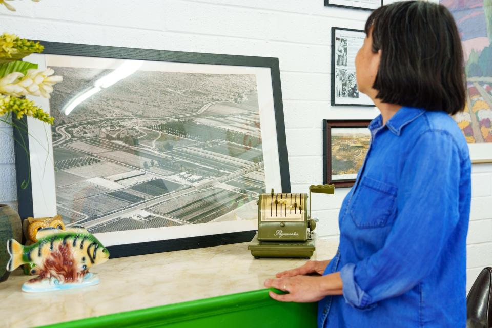 Baseline Flowers co-owner Kathy Nakagawa looks to a framed aerial photograph of the former south Phoenix flower farms on Sept. 30, 2022, in Phoenix.