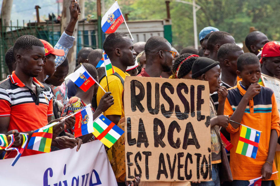 <div class="inline-image__caption"><p>Russian and Central African Republic flags are waived by demonstrators gathered in Bangui on March 5, 2022 during a rally in support of Russia.</p></div> <div class="inline-image__credit">Carol Valade/AFP via Getty Images</div>