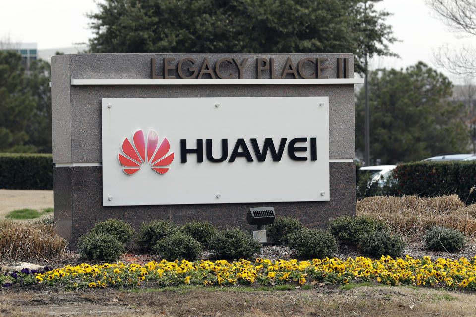 FILE - In this March 7, 2019, file photo, a sign is displayed outside the Huawei Technologies Ltd. business location in Plano, Texas. China on Wednesday, July 1, 2020 demanded Washington stop “oppressing Chinese companies” after U.S. regulators declared telecom equipment suppliers Huawei and ZTE to be national security threats. (AP Photo/Tony Gutierrez, File)