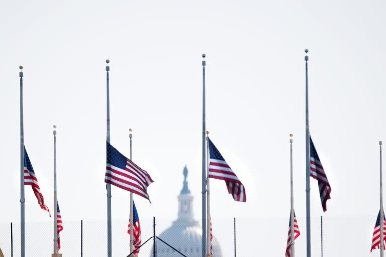 American flags fly at half-staff in Washington, DC, on April 18, 2018, in honor of former First Lady Barbara Bush who passed away Tuesday night. Former US first lady Barbara Bush died Tuesday at the age of 92, triggering an outpouring of praise for the matriarch of a Republican family once at the apex of American politics. Barbara and George H.W. Bush were married for 73 years, and the widower "of course is heart-broken to lose his beloved Barbara," his chief of staff Jean Becker said in a statement