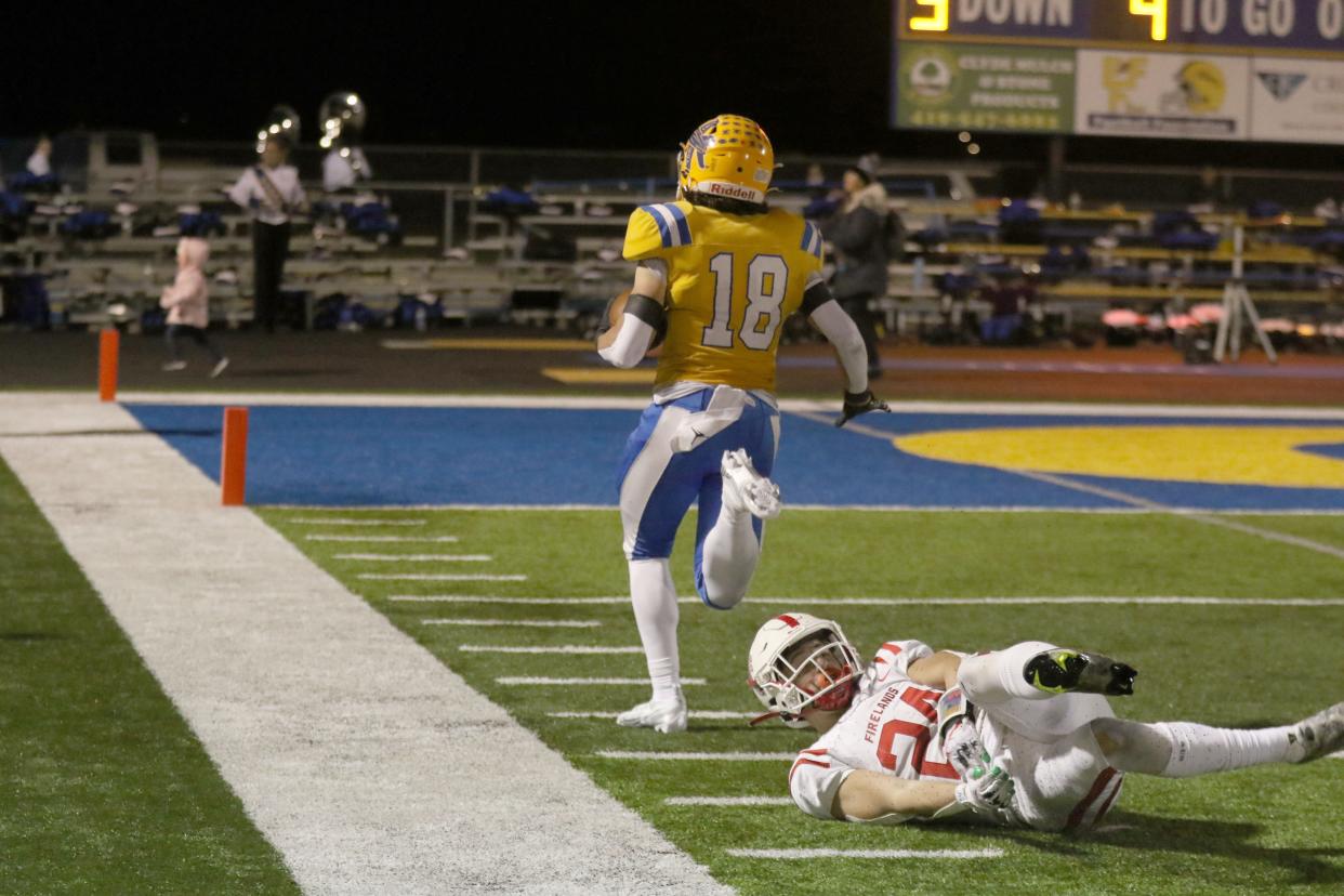 Clyde's Cole Schwochow shakes a defender and races to the endzone.