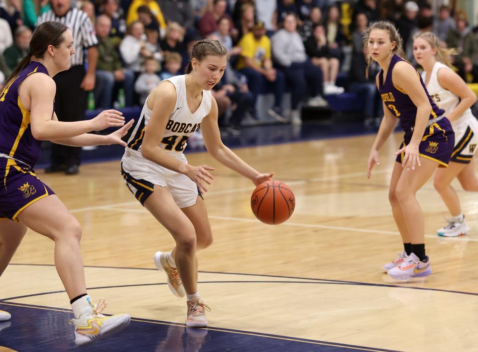 Whiteford’s Annabell Gapp takes the ball inside against Julia White of Blissfield Tuesday night. Blissfield won 55-27.