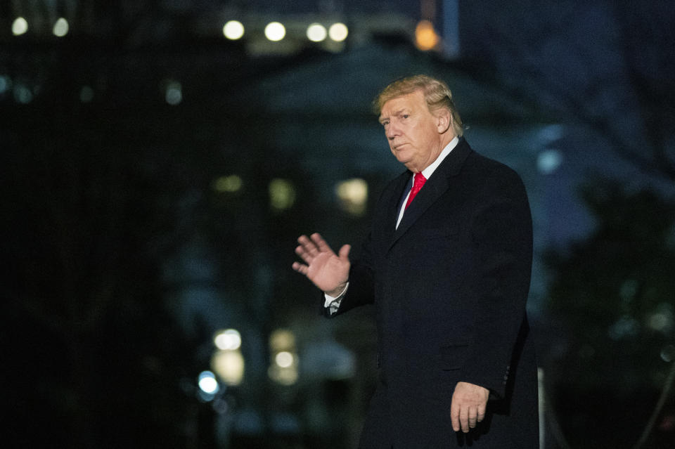 President Donald Trump returns to the White House in Washington, Sunday, Jan. 19, 2020, from a campaign trip to Austin, Texas. (AP Photo/Manuel Balce Ceneta)