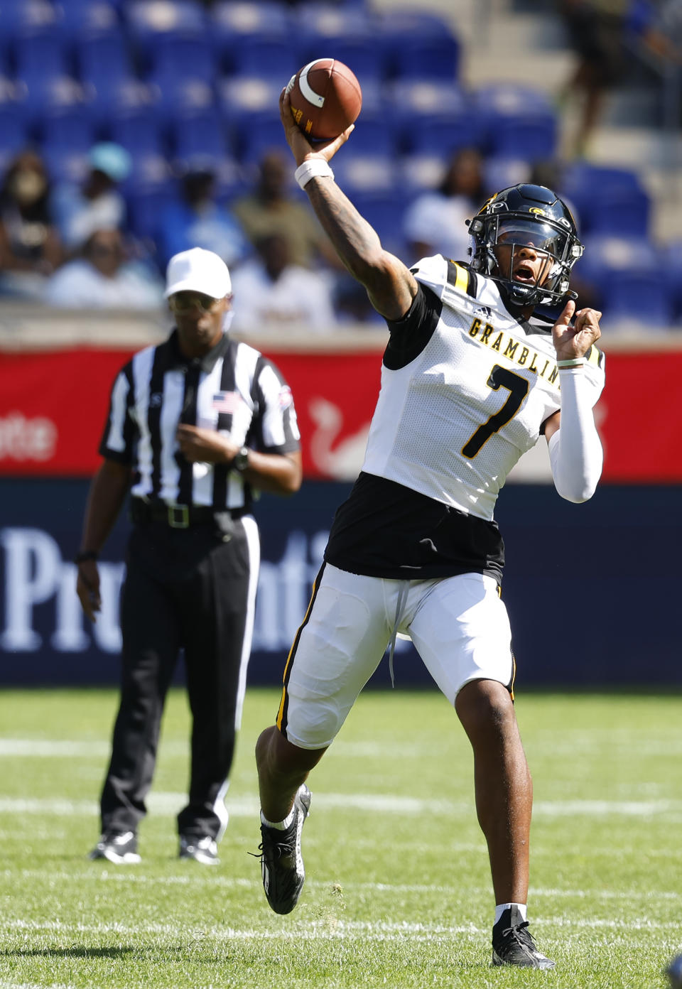 Grambling quarterback Myles Crawley (7) throws a pass against Hampton during the first half of an NCAA college football game, Saturday, Sept. 2, 2023, in Harrison, N.J. (AP Photo/Noah K. Murray)