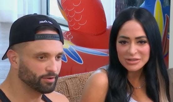 Angelina Pivarnick and fiancé Vinny Tortorella on the Thursday, Oct. 5, episode of "Jersey Shore Family Vacation."