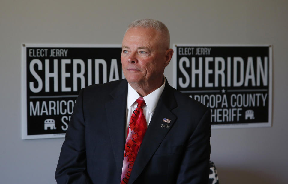 Long time law enforcement officer at the Maricopa County Sheriff's Office, Jerry Sheridan, is running for the position of Maricopa County Sheriff in the Republican primary, Wednesday, July 22, 2020, in Fountain Hills, Ariz. Former Maricopa County Sheriff Joe Arpaio is trying to win back the sheriff’s post in metro Phoenix that he held for 24 years, facing his former second-in-command, Sheridan, in the Aug. 4 Republican primary in what has become his second comeback bid. (AP Photo/Ross D. Franklin)
