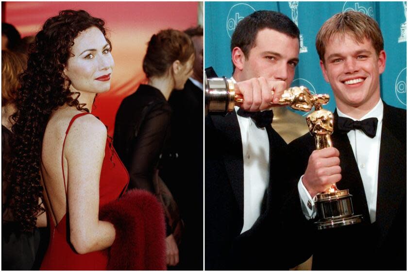 Split: left, Minnie Driver wears a red dress; right, Ben Affleck and Matt Damon wear black tuxedos as they hold their Oscars