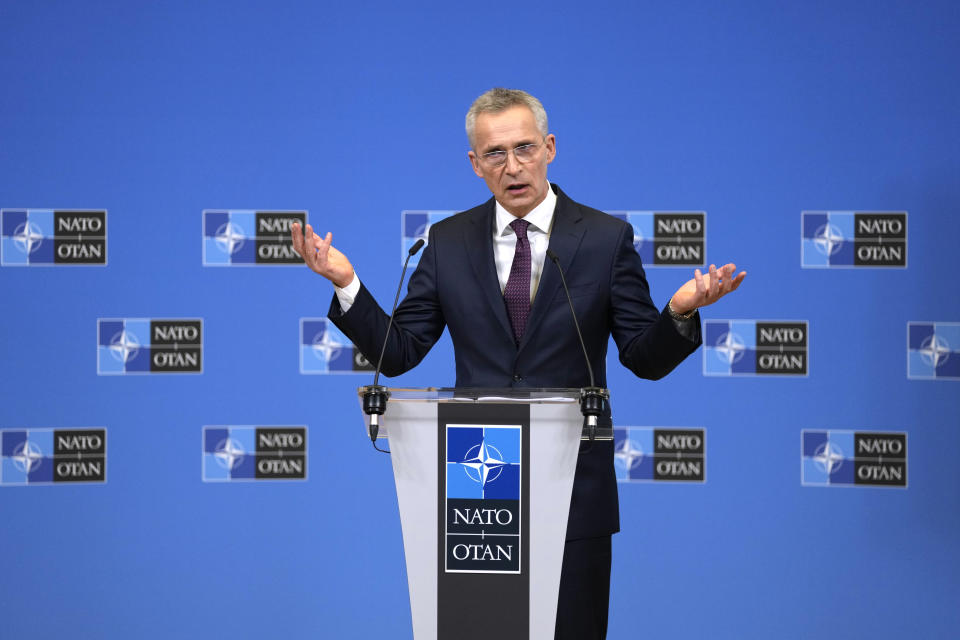 NATO Secretary General Jens Stoltenberg speaks during the launch of the NATO Secretary General's Annual Report for 2022 at NATO headuarters in Brussels, Tuesday, March 21, 2023. (AP Photo/Virginia Mayo)