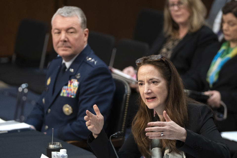 Avril Haines, right, director of National Intelligence, speaks as Lt. Gen. Jeffrey Kruse, left, director of the Defense Intelligence Agency, listens during the open portion of a hearing of the Senate Armed Services Committee on Capitol Hill, Thursday, May 2, 2024, in Washington. (AP Photo/Mark Schiefelbein)