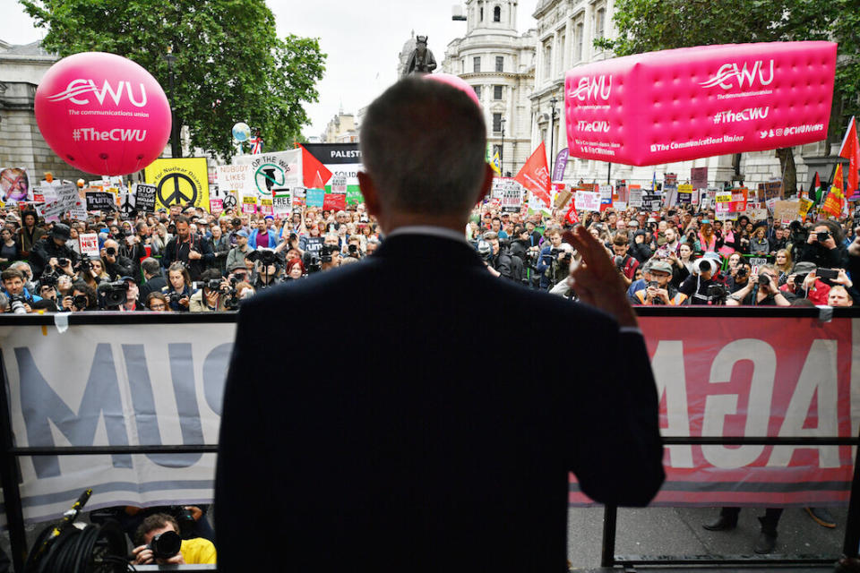 Labour party leader Jeremy Corbyn speaking on stage at an anti-Trump protest in Whitehall, London (Picture: PA)