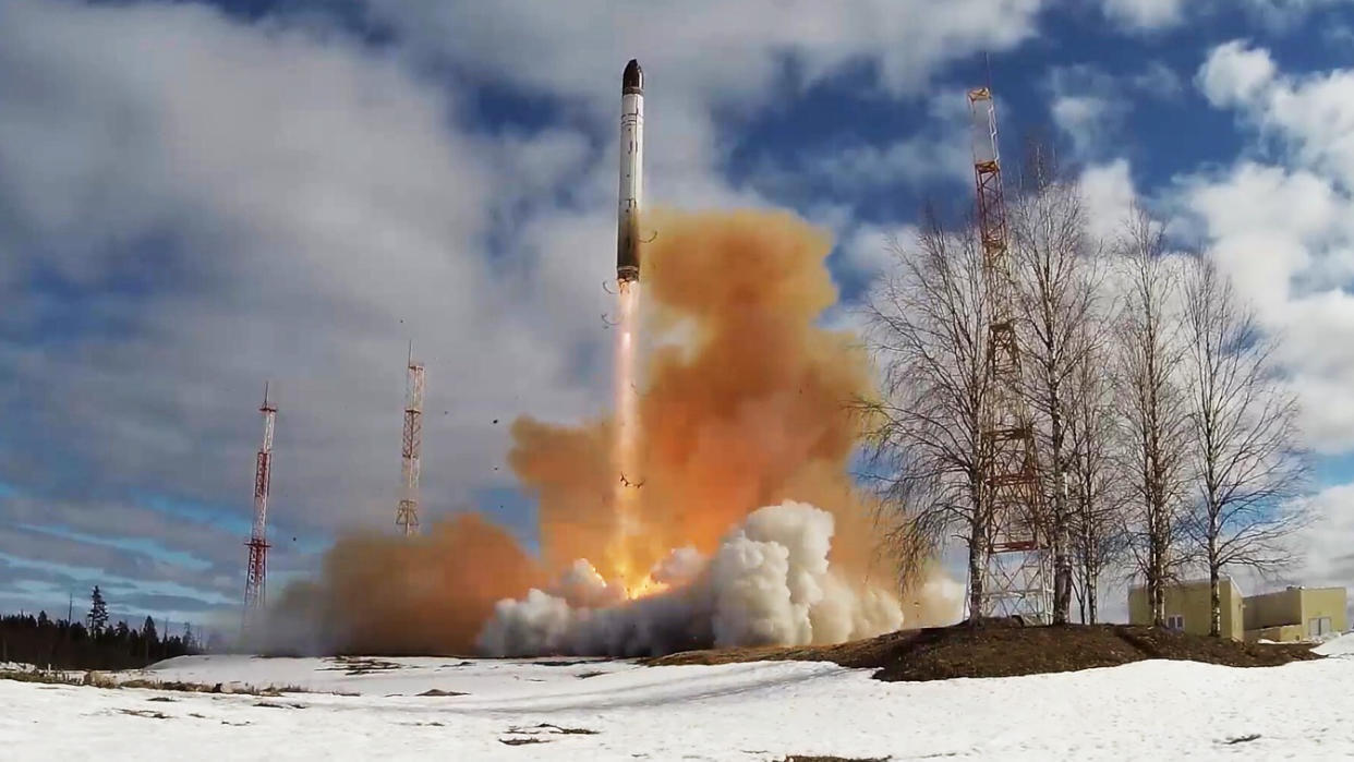 A still from a video shown on Russian TV reported to be a Sarmat intercontinental ballistic missile being launched from Plesetsk, Russia,1,000 miles north of Moscow on April 20, 2022. (Ministry of Defence of the Russian Federation/Cover Images/Zuma Press)